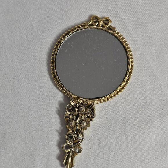 VTG Gold Plated Hand Mirror. HEAVY - 5 1/2" LONG. Double Sided. See Photos - Picture 1 of 6